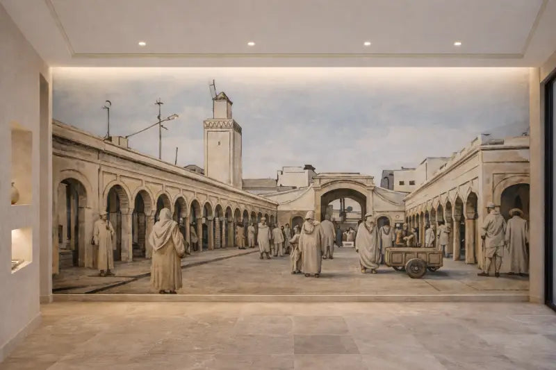 Une fresque détaillée aux tons sépia dépeignant une scène animée d’un marché historique avec des passages voûtés, des tenues traditionnelles et des monuments architecturaux.
