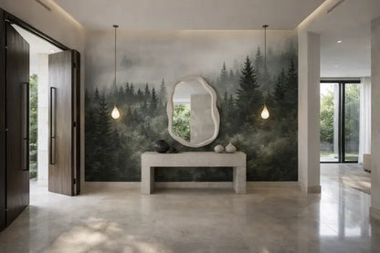 Un miroir de forme irrégulière, encadré de blanc, à design minimaliste, est suspendu au centre au-dessus d’une table console.