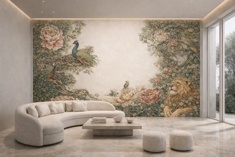 Le mur présente une grande fresque ornée avec des motifs floraux et fauniques complexes.