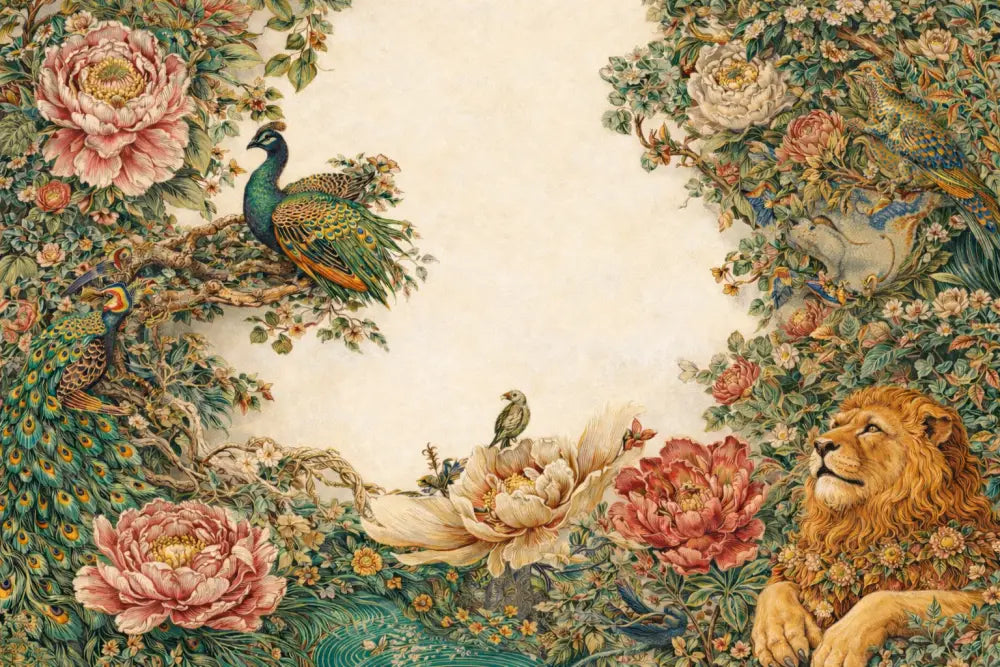 Une tapisserie richement détaillée présentant une scène centrale encadrée de bordures florales luxuriantes, avec des pivoines roses et blanches vibrantes, des paons verts et bleus iridescents, et un lion doré au milieu du feuillage.