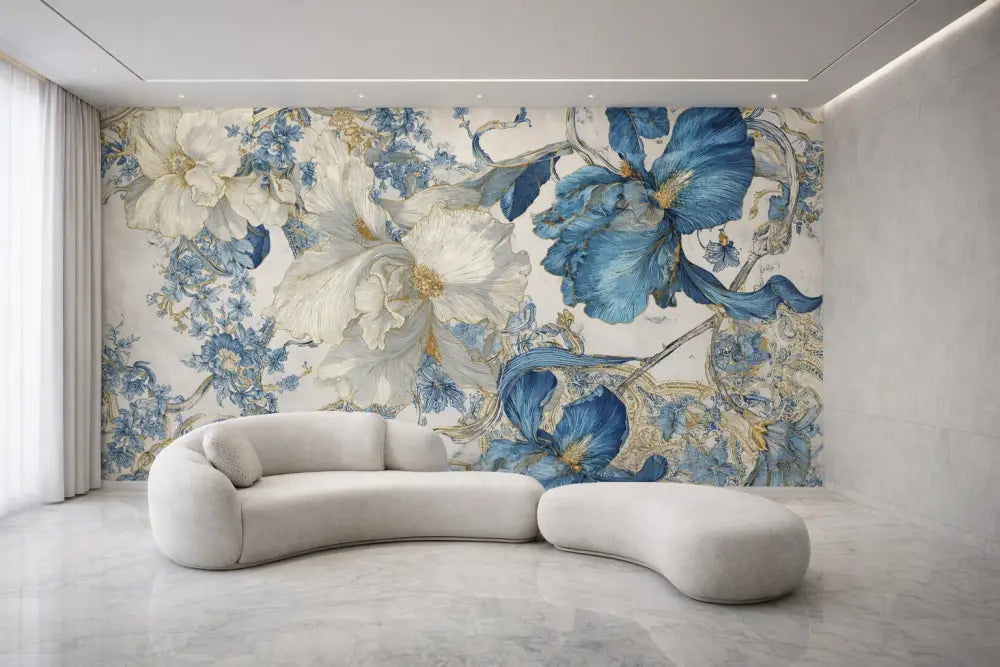 Une murale de papier peint floral bleu et blanc luxueux avec des accents dorés intricés.