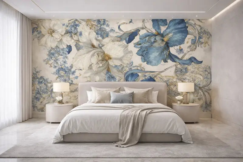 Le lit présente un dossier de lit élégant et rembourré en tissu beige doux, avec des oreillers assortis et une literie rehaussée d’un plaid gris clair.