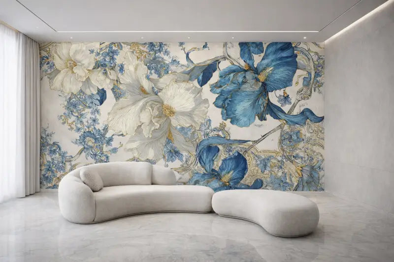 Une murale de papier peint floral bleu et blanc luxueux avec des accents dorés intricés.
