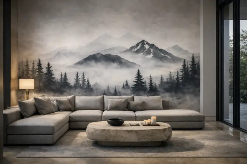 Canapé d’angle gris avec coussins décoratifs assortis et table basse en pierre devant