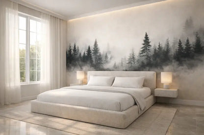 Lit plateforme capitonnée beige avec literie blanche et tables de chevet assorties.