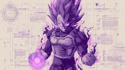 Personnage d’anime aux cheveux violets, musclé, dans une combinaison blindée violet foncé avec des yeux violets luisants et une aura d’énergie.