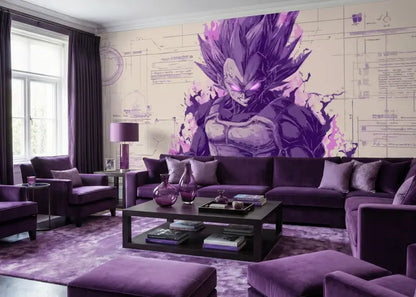 Canapé sectionnel en velours violet avec coussins décoratifs assortis et une table basse en bois foncé.