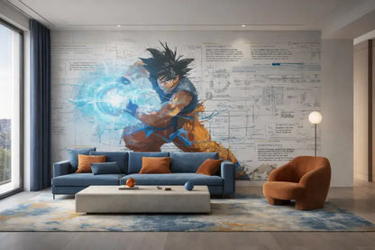 Murale vibrant de Goku bleu et orange avec une aura d’énergie dynamique sur un mur de style plan détaillé.