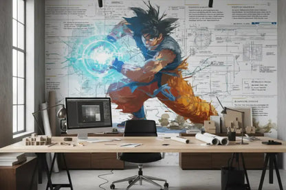 Mural vibrant de style anime de Goku en pose dynamique, présentant son gi iconique orange et bleu avec des cheveux noirs, entouré d’une aura d’énergie luisante sur un fond de schémas techniques.