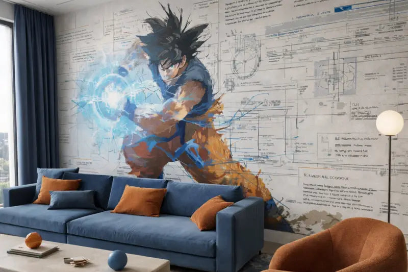 Une peinture murale vibrante de Goku de Dragon Ball, représenté dans une pose dynamique avec des effets d’énergie bleue et orange sur un arrière-plan de schémas techniques.
