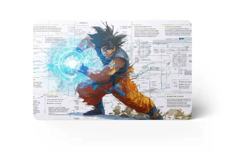 Un tapis de souris rectangulaire pour jeux vidéo présentant une illustration dynamique de Goku de Dragon Ball Z dans sa pose de combat emblématique, entouré d’énergie bleue et superposé de texte technique de style plan technique.