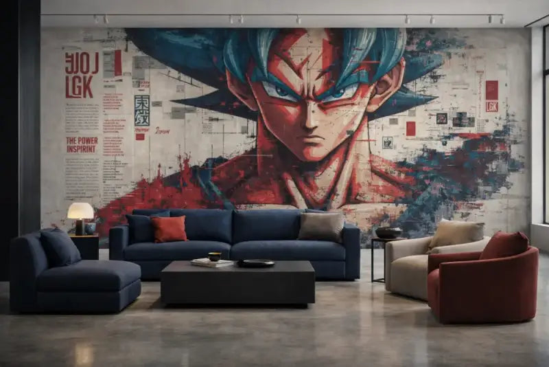 Une peinture murale vibrante et stylisée d’un personnage d’anime aux cheveux bleus avec des accents rouges et blancs domine le mur.