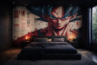 Une fresque dramatique d’un personnage d’anime aux cheveux bleus, au visage rouge, avec des cheveux en pics et des yeux intenses domine le mur de la chambre.