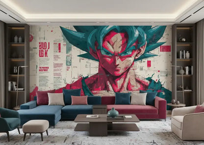 Une fresque murale vibrante et stylisée d’un personnage d’anime aux cheveux bleus avec des marques faciales rouges domine le mur du salon.