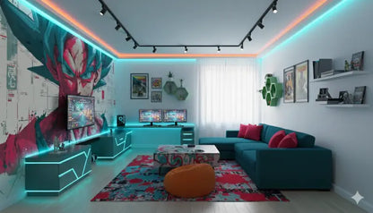 Canapé d’angle bleu-vert avec coussins de jet rouges