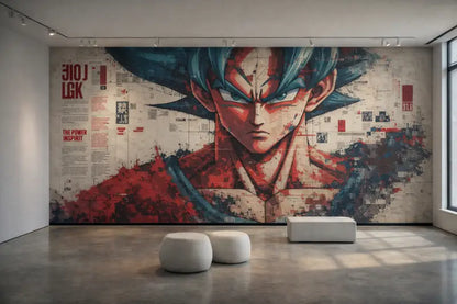 Une fresque murale vibrante et stylisée de Goku de Dragon Ball Z avec des cheveux bleus hérissés et des accents rouges sur un mur texturé.