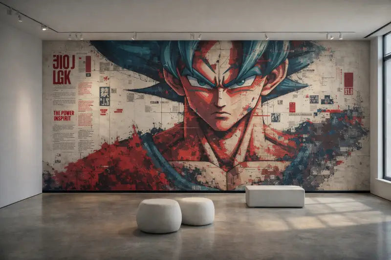 Une fresque murale vibrante et stylisée de Goku de Dragon Ball Z avec des cheveux bleus hérissés et des accents rouges sur un mur texturé.