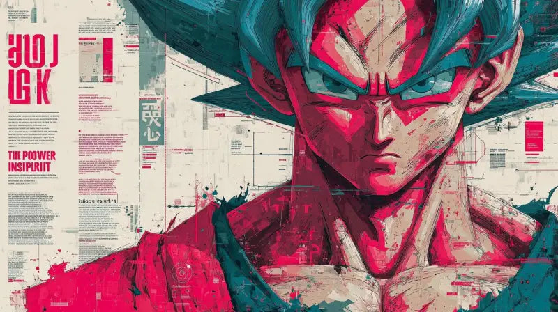 Une illustration numérique stylisée d’un personnage d’anime musclé aux cheveux bleus vibrants et aux yeux rouges intenses, rendue dans un design graphique audacieux.