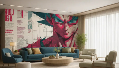 Une fresque murale vibrante et stylisée d’un personnage d’anime rouge et turquoise domine le mur.