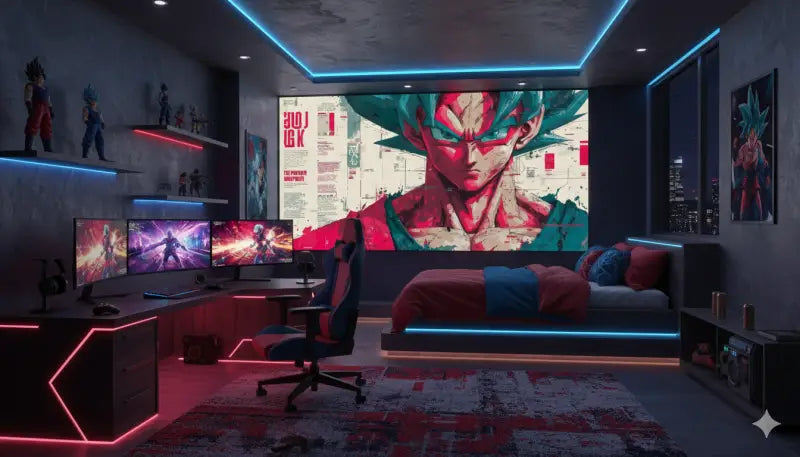 Une peinture murale vibrante à thème anime représentant un personnage musclé aux cheveux épineux turquoise et à l’armure rouge sur le mur.