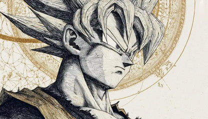 Un dessin détaillé à l’encre noir et blanc de Goku dans sa forme Super Saiyan, avec des cheveux hérissés et une expression féroce.