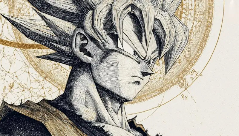 Un dessin détaillé à l’encre noir et blanc de Goku dans sa forme Super Saiyan, avec des cheveux hérissés et une expression féroce.