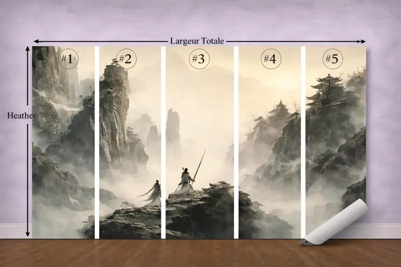 Papier Peint Panoramique Guerriers & Montagnes Brumeuses | Mur d’Accent Asiatique - PIXARA - papier peints