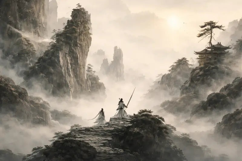 Papier Peint Panoramique Guerriers & Montagnes Brumeuses | Mur d’Accent Asiatique - PIXARA - papier peints