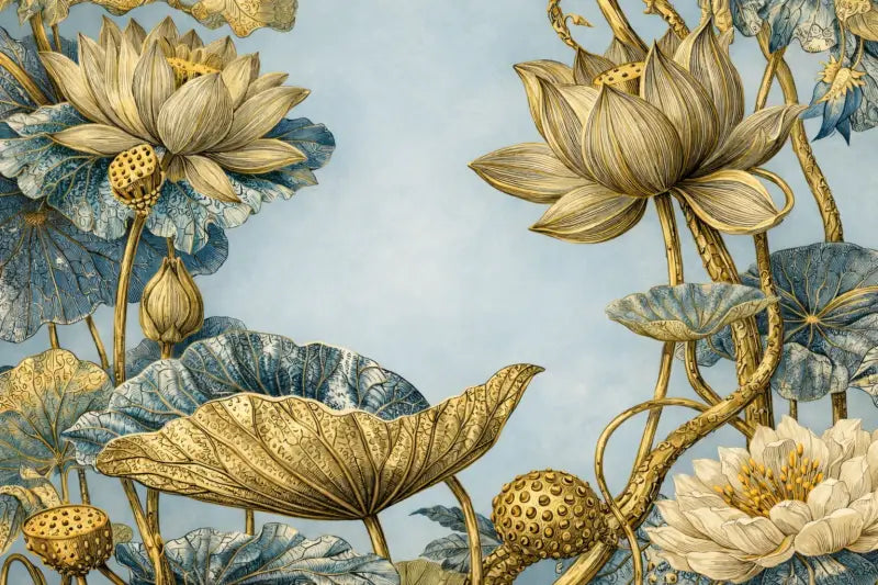 Design élégant de papier peint floral lotus or et bleu.