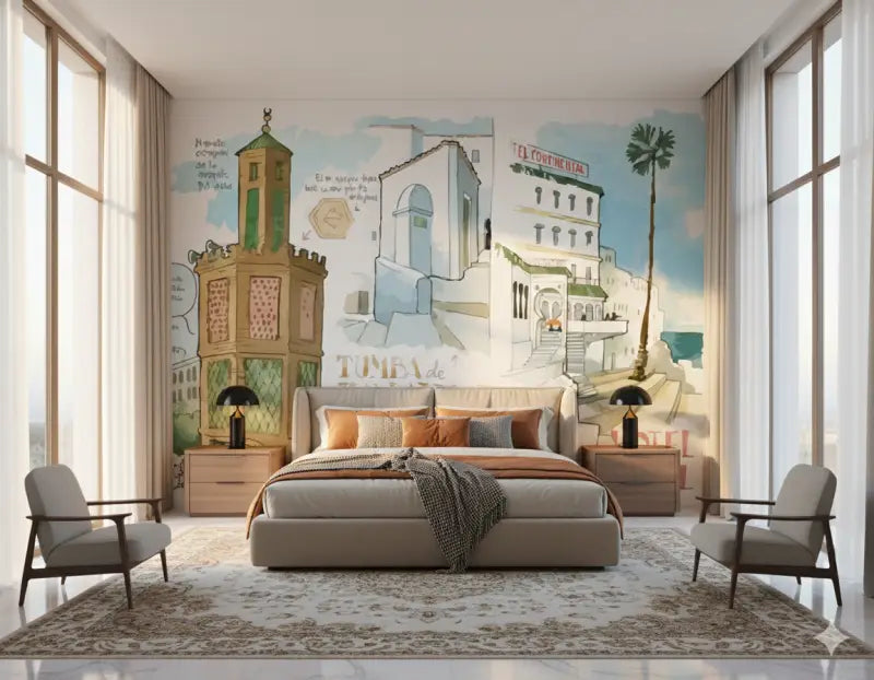 Lit capitonné beige avec des coussins d’accent orange et gris.