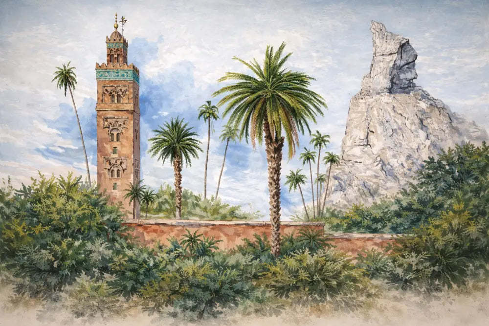 Minaret élancé, aux détails intricés, en pierre de couleur terracotta avec des bandes décoratives turquoise.