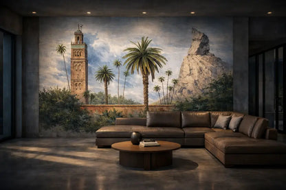 Canapé d’angle en cuir marron avec coussins décoratifs assortis.