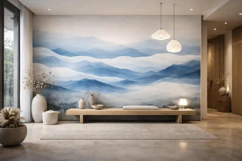 Une fresque sereine de montagne bleu et blanc orne le mur, présentant des pics superposés en tons dégradés doux.