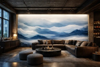 Canapé d’angle en cuir marron avec plusieurs coussins.