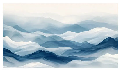 Une peinture abstraite sereine de chaînes de montagnes superposées en bleus et blancs doux, rendue avec une texture semblable à l’aquarelle.