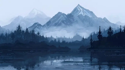 Chaîne de montagnes enneigée avec des pics acérés et des crêtes brumeuses superposées, rendue en tons bleus froids.