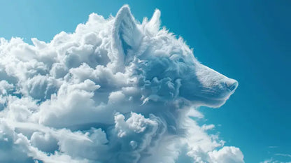 Une formation nuageuse en forme de loup blanc serein sur un ciel bleu vibrant.