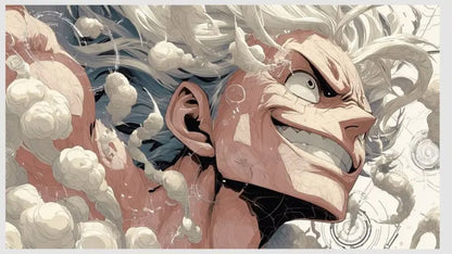 Une illustration dynamique de style anime d’un personnage aux cheveux blancs sauvages et ondulants et à l’expression faciale intense.