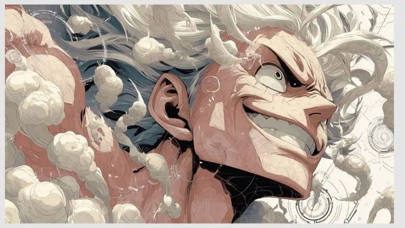 Une illustration dynamique de style anime d’un personnage aux cheveux blancs sauvages et ondulants et à l’expression faciale intense.