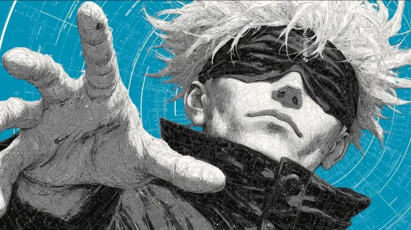 Une illustration stylisée en noir et blanc d’un personnage aux cheveux blancs hérissés et portant un bandeau sur les yeux, rendue en art linéaire détaillé sur un fond circulaire bleu.