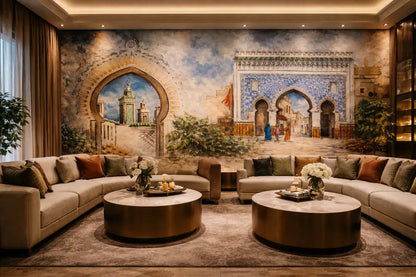 Papier Peint Panoramique Maroc – Bab Boujloud Aquarelle Bleu Fès