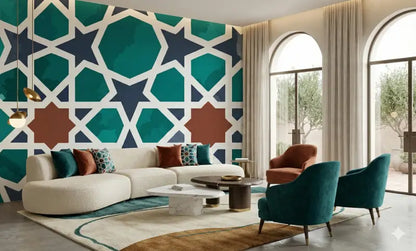 Canapé d’angle moelleux de couleur crème avec des coussins d’accent turquoise et rouille.