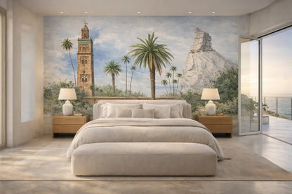 Lit capitonné beige avec pouf assorti et oreillers blancs.