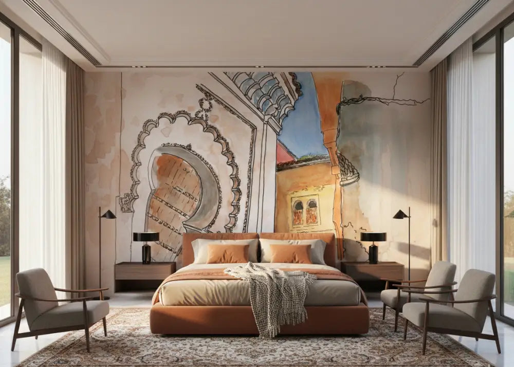 Papier Peint Panoramique Maroc – Marrakech Aquarelle Riad Élégant