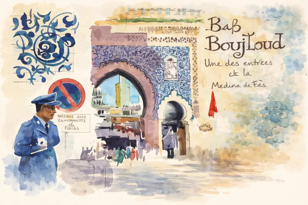 Illustration aquarelle de Bab Boujloud, une entrée en arche carrelée de bleu et de blanc menant à la médina de Fès.