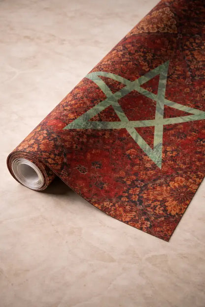 Rouleau de papier peint fleuri rouge et orange avec un pentagramme vert proéminent.