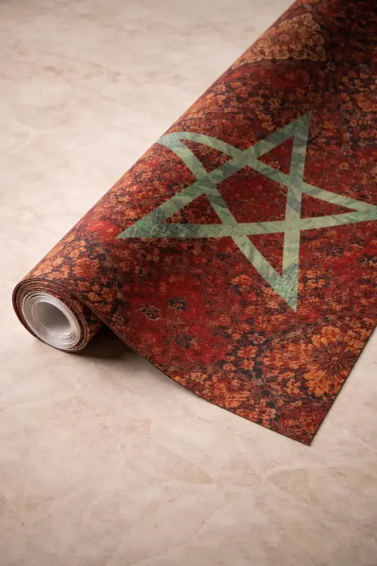Rouleau de papier peint fleuri rouge et orange avec un pentagramme vert proéminent.
