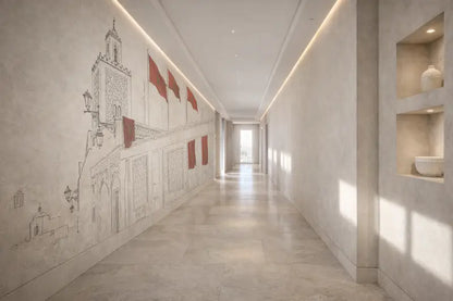 Un long couloir élégant avec une fresque architecturale détaillée sur un mur et des étagères encastrées exposant des vases en céramique blanche.