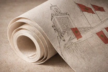 Un rouleau de papier peint beige présentant un dessin au trait noir détaillé d’une structure architecturale marocaine ornée de drapeaux rouges portant des étoiles vertes.