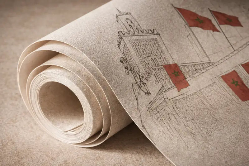 Un rouleau de papier peint beige présentant un dessin au trait noir détaillé d’une structure architecturale marocaine ornée de drapeaux rouges portant des étoiles vertes.